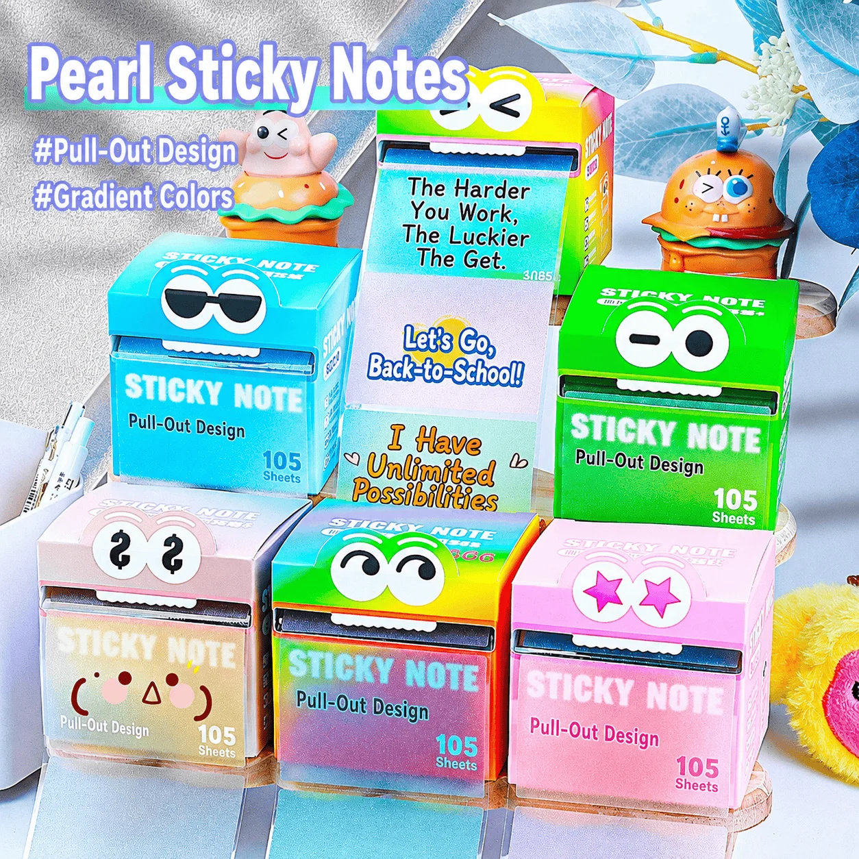 105 Sheets Pull Out Memo Pad Pearlescent Powder Design, Self-Adhesive Korean Style Planner Sticker Multipurpose Sticky Note