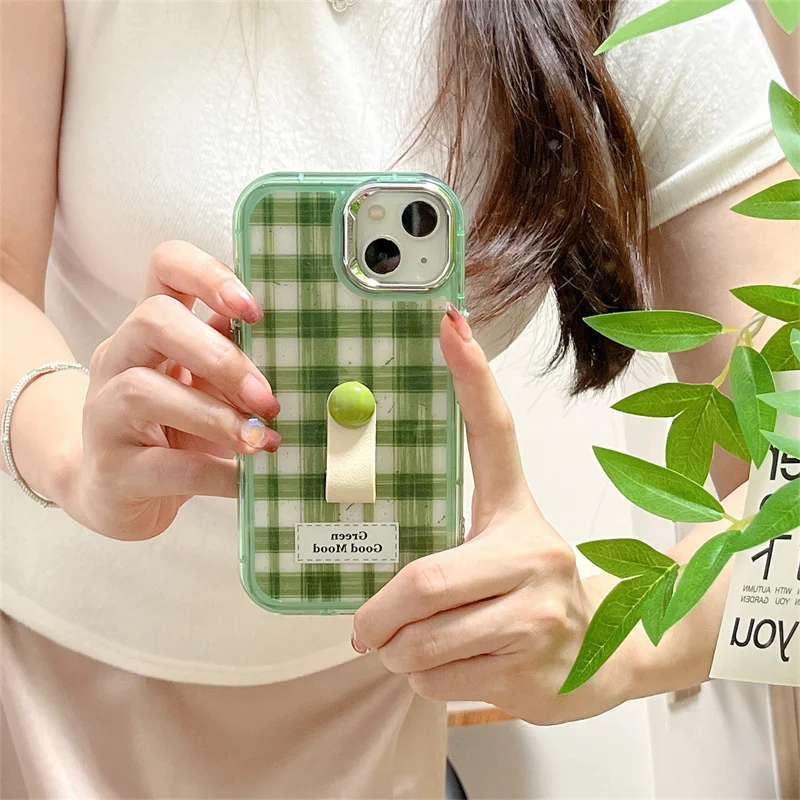 Semi transparent dark green checkered phone case with three-dimensional bead accessories Phone Case For iPhone 13 14 15 pro max