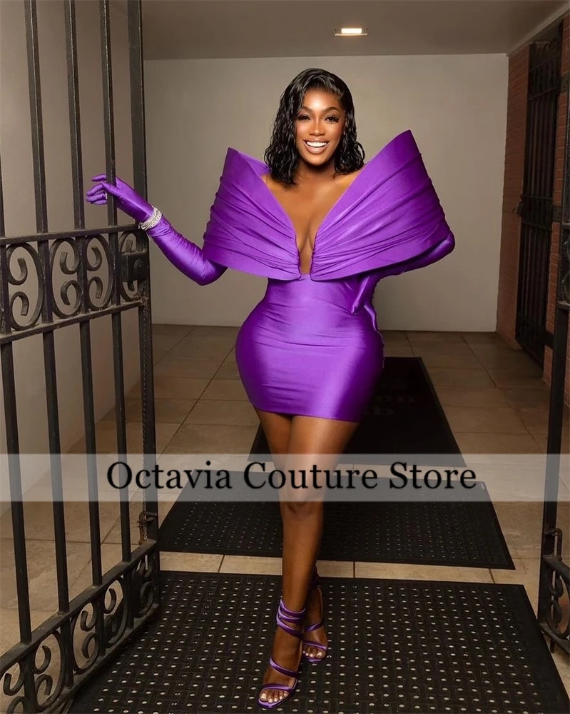 

Purple Off The Shoulder Short Prom Dress For Black Girl Pleat 2024 Birthday Luxury Dress Graduation Gown With Gloves Customized