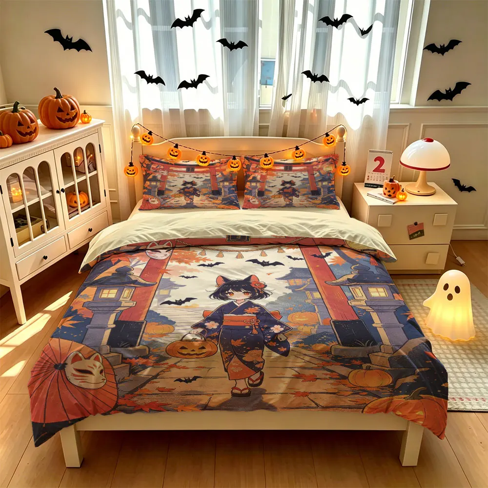 Halloween Duvet Cover Set 3Pcs Japanese Torii Cat Neko Lantern Print Soft Microfiber Bedding with Pillowcases