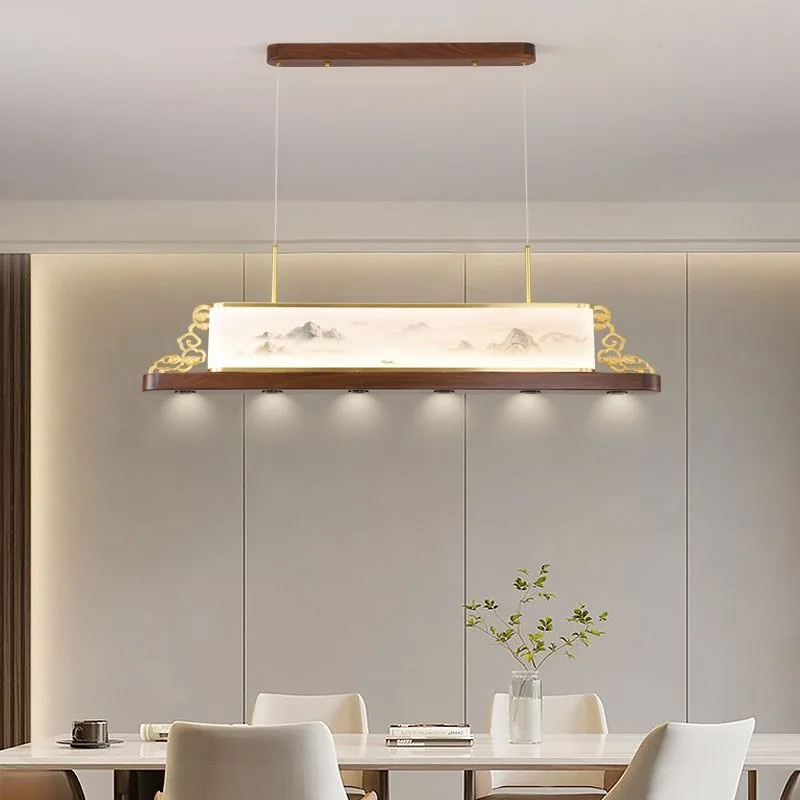 New Chinese style tea room walnut pendant lamp landscape Zen design tea table counter all copper long strip lamp