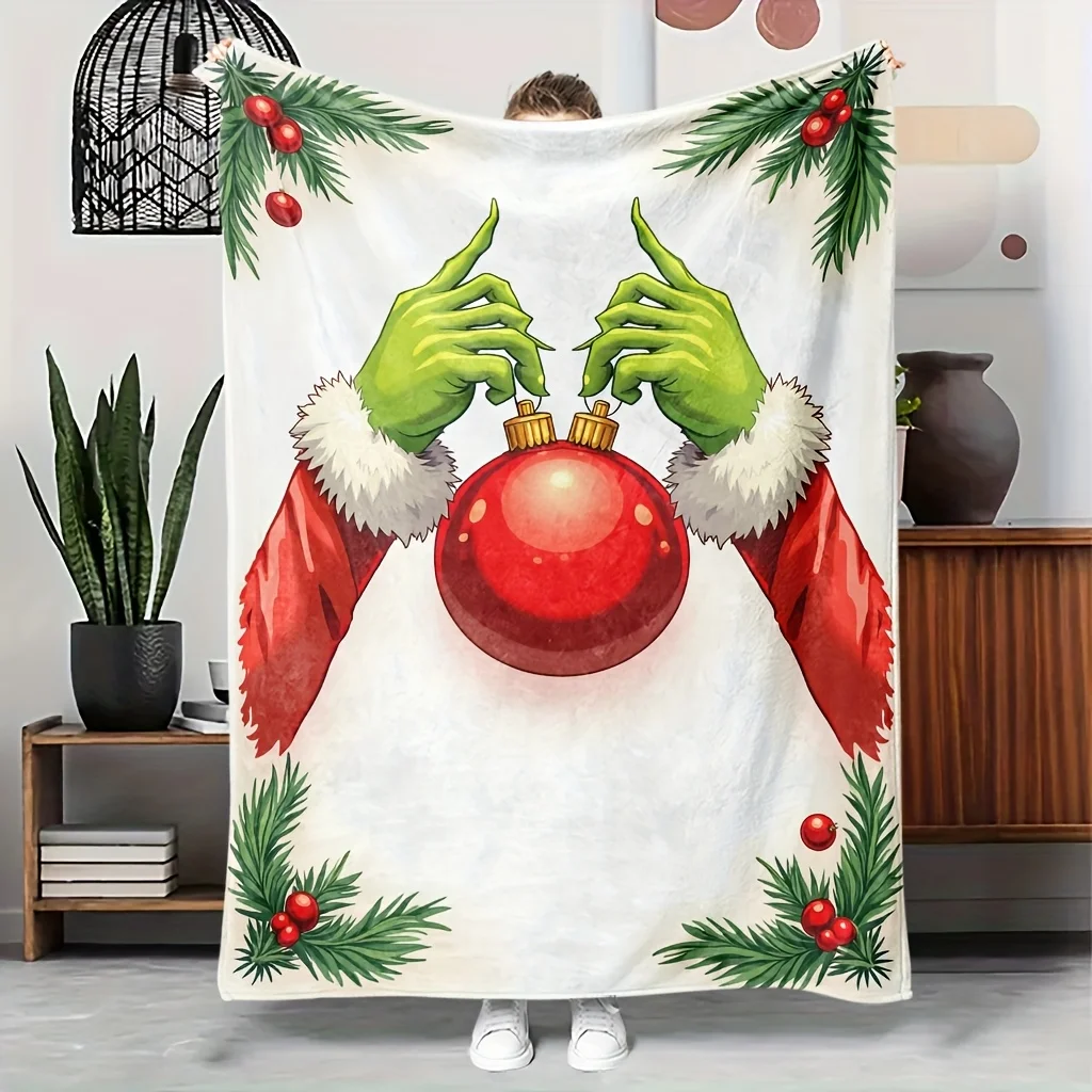 Soft Flannel Christmas Blanket with Monster Design, Green All-Season Lightweight Throw for Bed Sofa Decor,Holiday Gift
