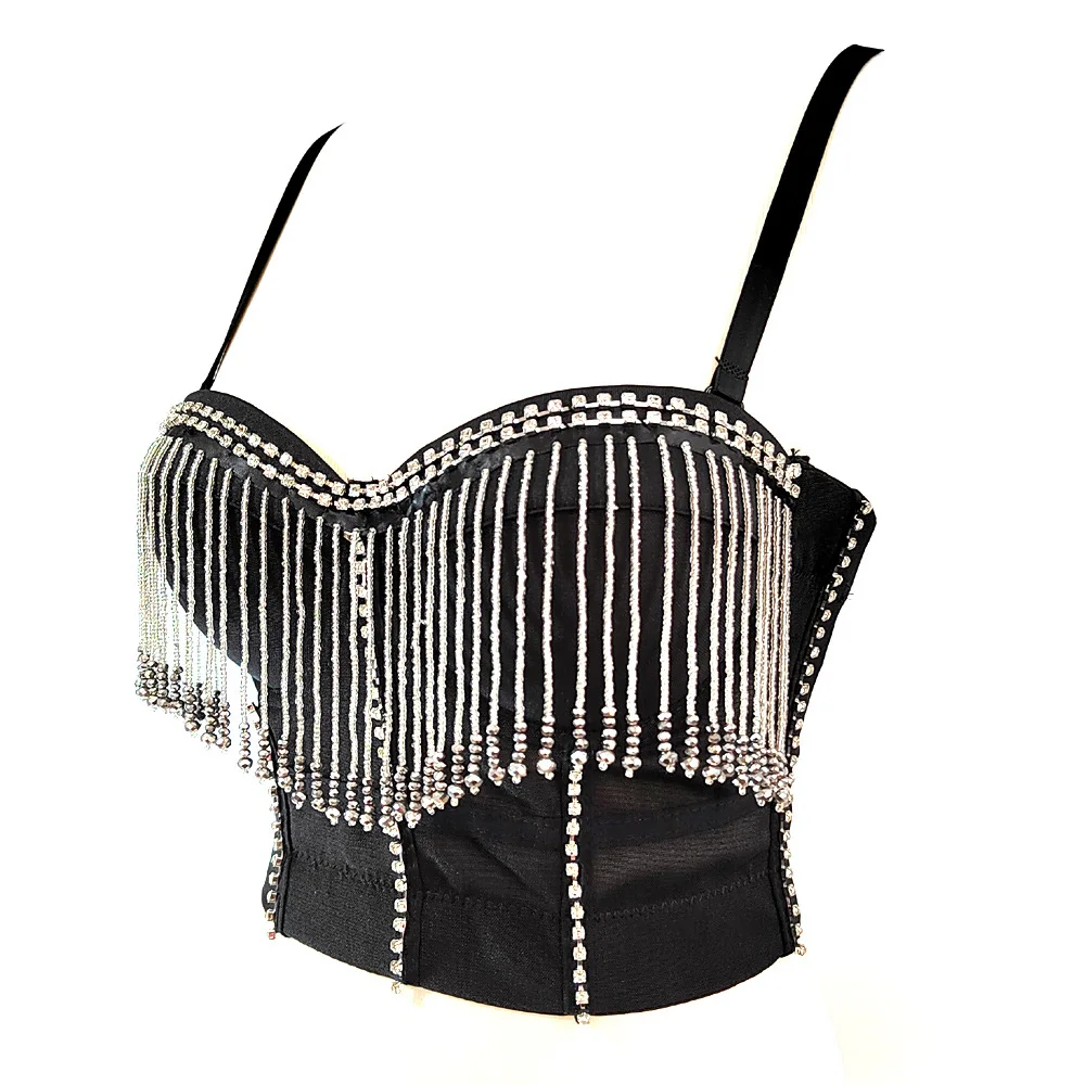 Rhinestone Tassel Bra with Steel Hoop Waist on The Outside, Stage Performance Costume Nightclub Jumping Fish Bone Wrapped Chest