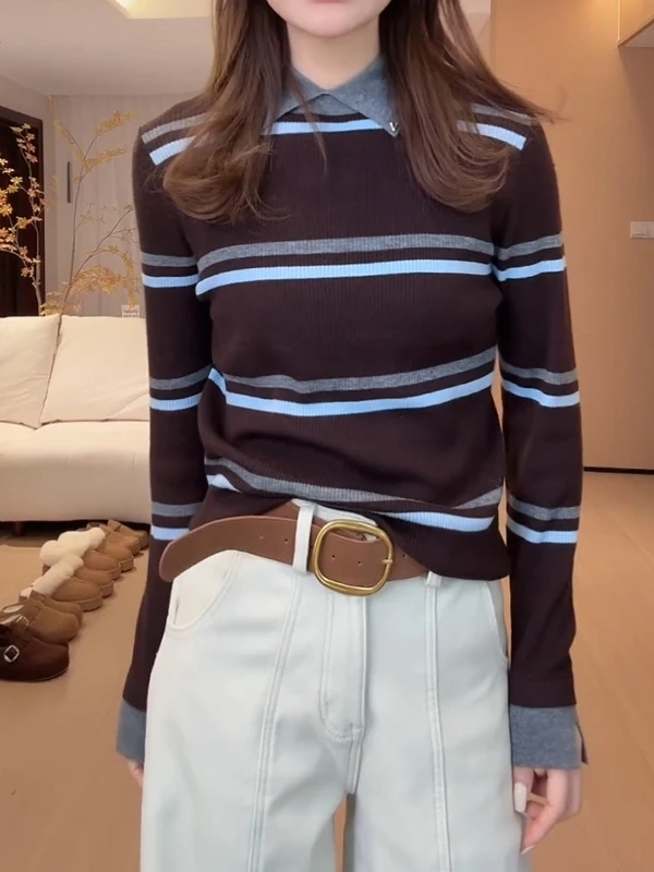 

Large Size Stripe Knitwear Women's Autumn Winter Flip Collar Color Blo Base irt Inner Wear Slim Fit Korean Sle Sweater