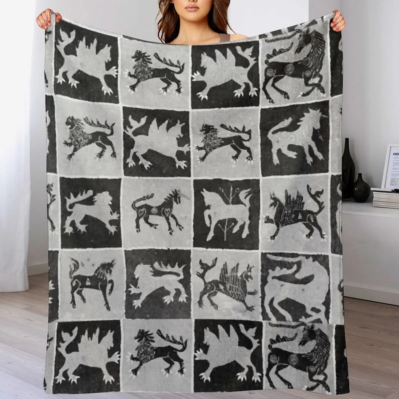 BLACK WHITE MEDIEVAL BESTIARY, DEERS, UNICORNS LIONSAntique Scandinavian Tapestry Throw Blanket Thermal Giant Sofa Blankets