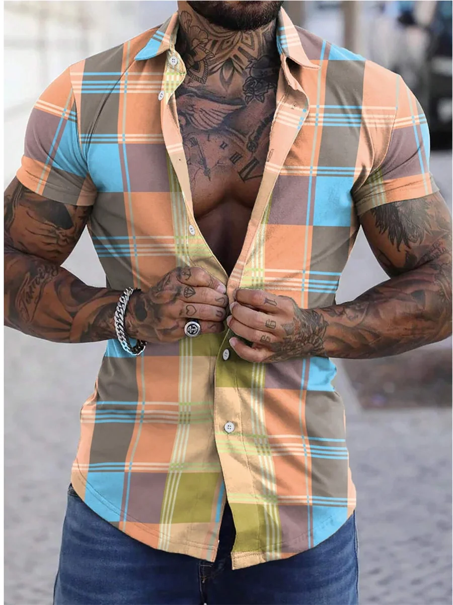 Camisa xadrez com blocos coloridos masculina, roupa diária, lapela de verão manga curta, colorida, casual, fim de semana, fim de semana, diário, 5XL, transporte rápido