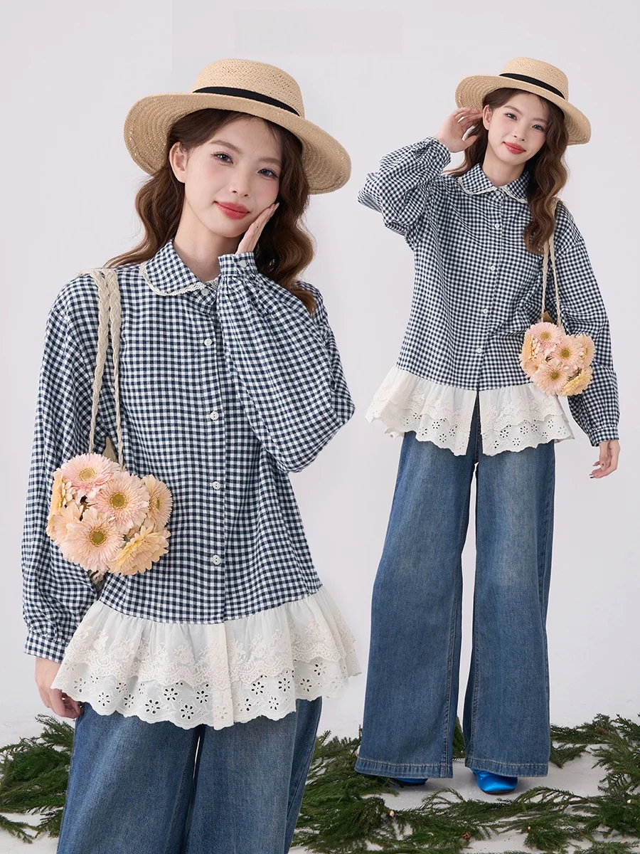 

Romantic Sweet Plaid irt Women's Spring Lace Long Sve Gingham Doll Collar Patchwork Blouse Floral Field Window Heme