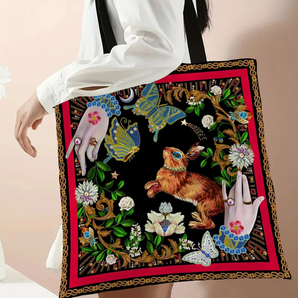 Canvas Bag Canvas Bags For Woman Linen Fabric Tote Bag Women Vintage Floral Bunny Shopping Bag Cartoon Rabbit Graphic Student