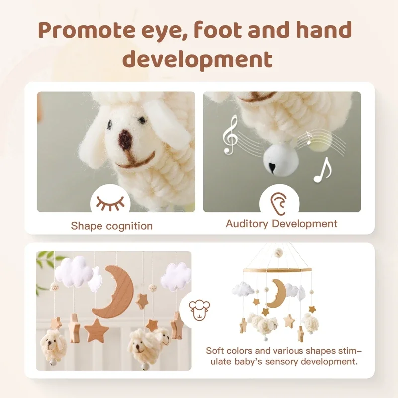 Holz Baby Rassel Handy 0-6 Monate weichen Filz Cartoon Schaf Stern Mond Neugeborene Spieluhr hängen Bett Glocke mobile Kleinkind Spielzeug Geschenk
