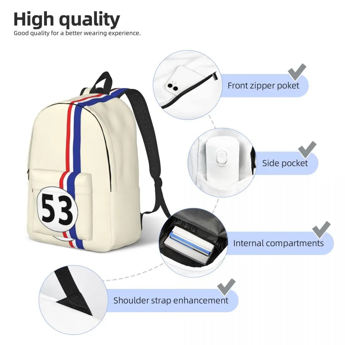 Herbie Number 53 Fashion Backpack with Pocket Student Business Race Car Enthusiasts Stripe Daypack Men Women Laptop Shoulder Bag