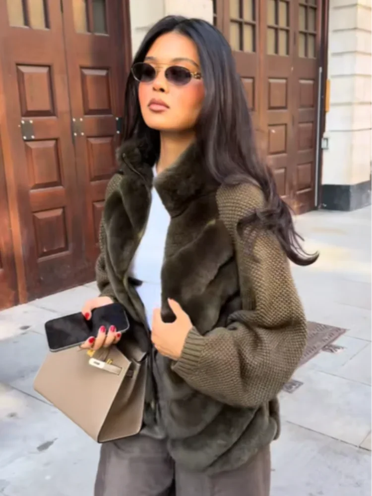 

Winter Dinner Daily Outwear Vintage Green Faux Fur Patchwork Jacket Lady Fashion Knitted Striped Zipper Stand Neck Slim Overcoat