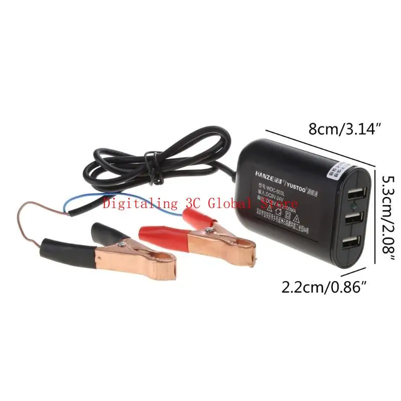  USB Power Adapter 12V 24V to 5V 2.1A with Battery Clip 3 Ports Charging Adapter