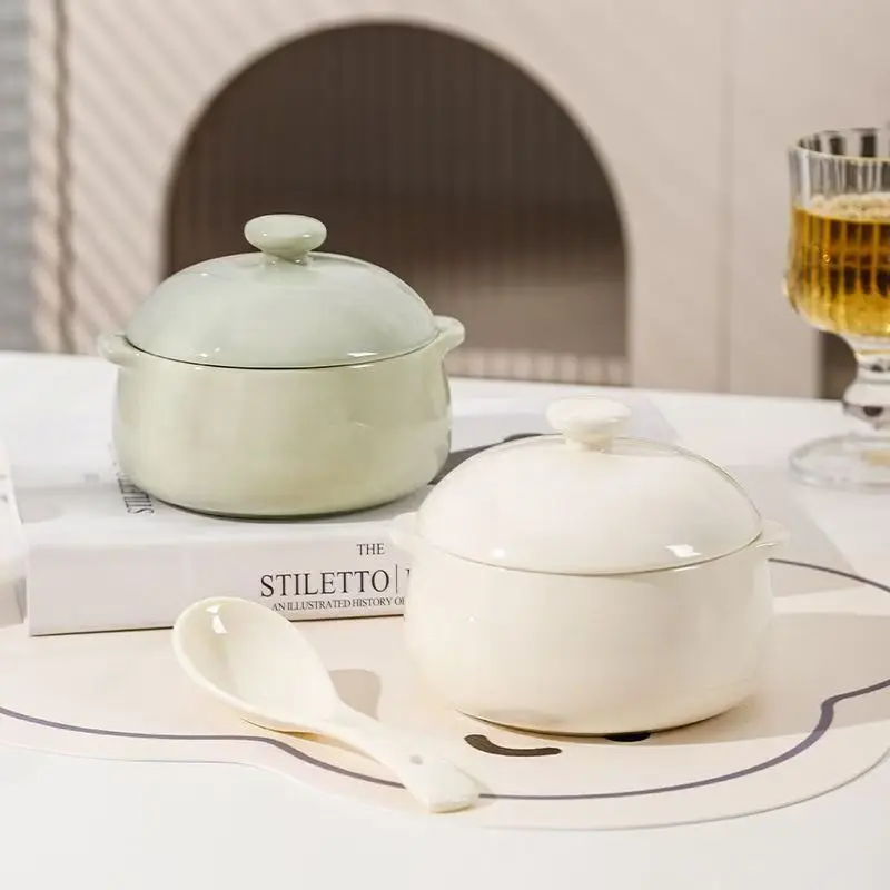 

Double Ear Steaming Bowl, One Person Soup Pot With Lid, Household Microwave Oven, Ceramic Waterproof Stew Pot, Egg Custard