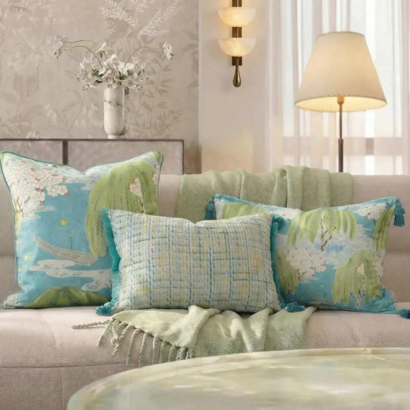 Fresh Green Blue Pillow Chinese Plants Cushion Case Modern Luxury Square Decorative Pillow Cover For Sofa Chair Home Decorations