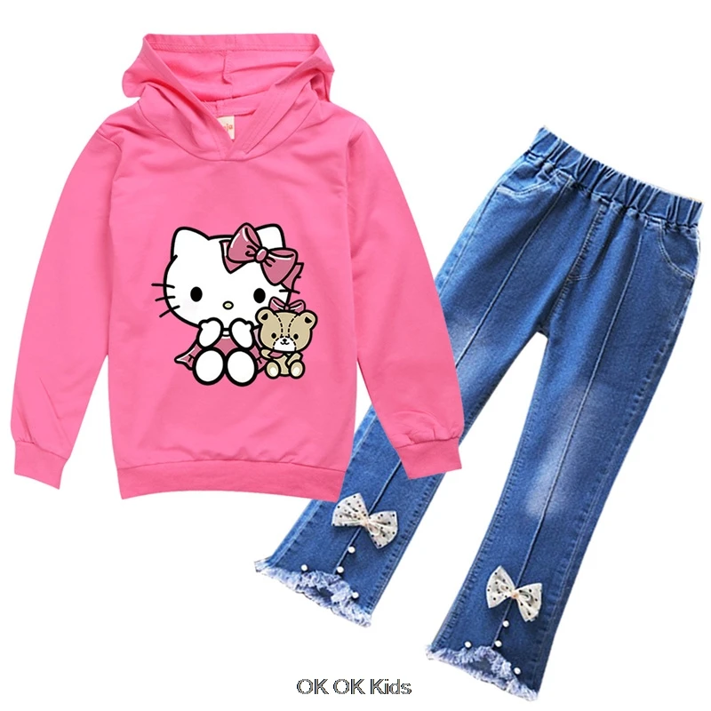 Cheap Popular Simple Hello Kitty Long Sleeve Girls Casual Wear Fun Graphics Everyday Style Energetic Spring Fall Sweatshirt Sets