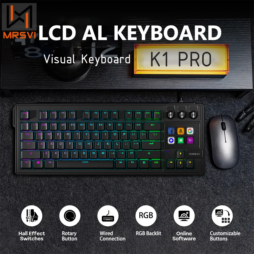 

MRSVI K1 PRO Визуальная ЖК-клавиатура с искусственным интеллектом, индивидуальные кнопки, проводная прокладка с возможностью горячей замены, механическая клавиатура с подсветкой RGB