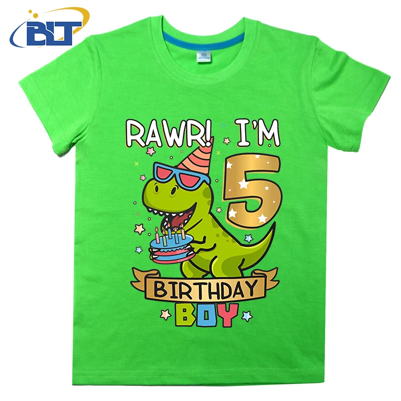 5th ulang tahun anak laki-laki dinosaurus kekasih lucu kue dicetak T-shirt anak musim panas katun lengan pendek kasual atasan untuk anak laki-laki dan perempuan