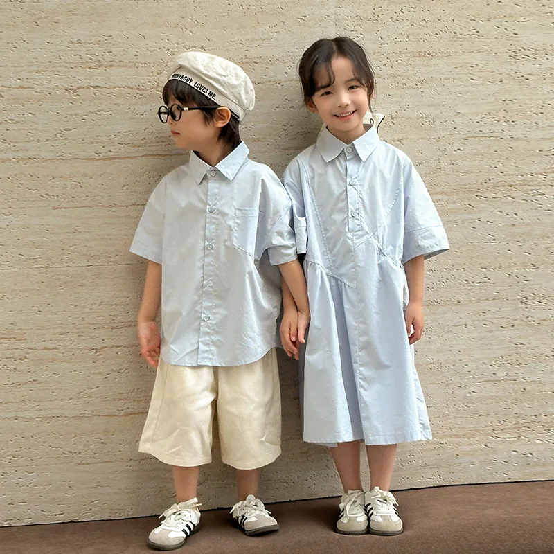 

Brother and Sister Matching Outfit Kids Dress Girls Blouse Set 2 Pieces Boys Shirts Shorts Two Piece Outfit Korean Twins Clothes