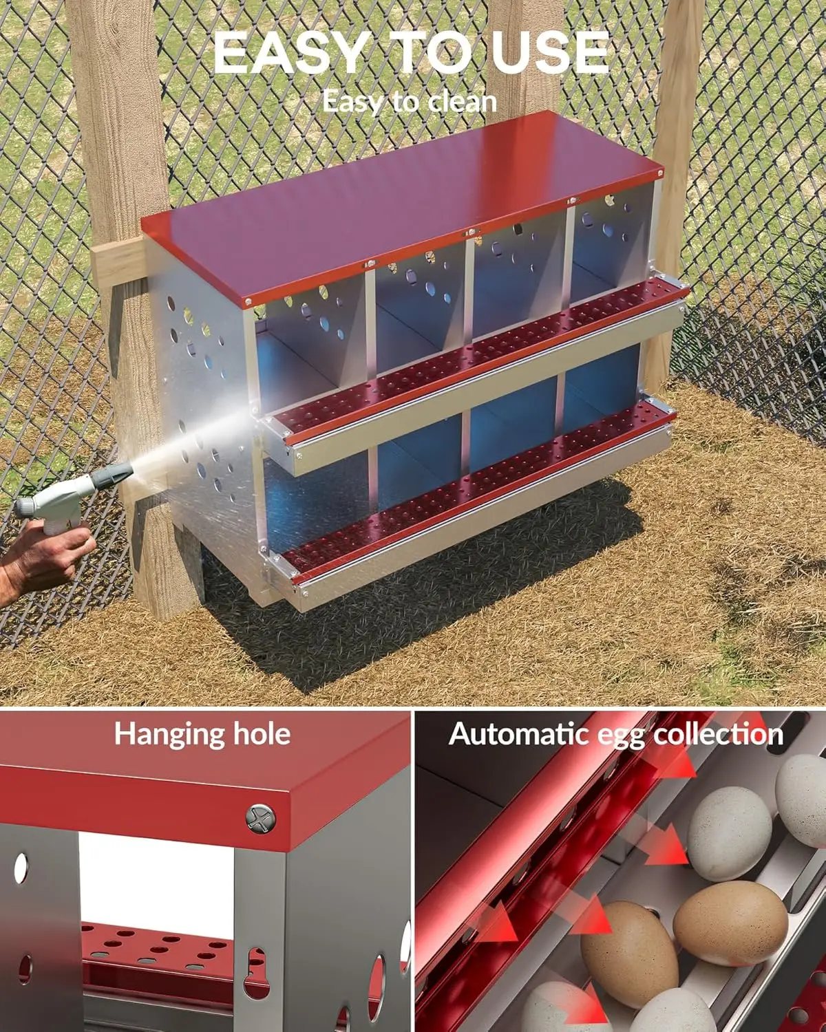 Chicken Coop Egg Laying, Galvanized Steel, No Color Mentioned, 8 Compartment Roll Away Design with Training Eggs