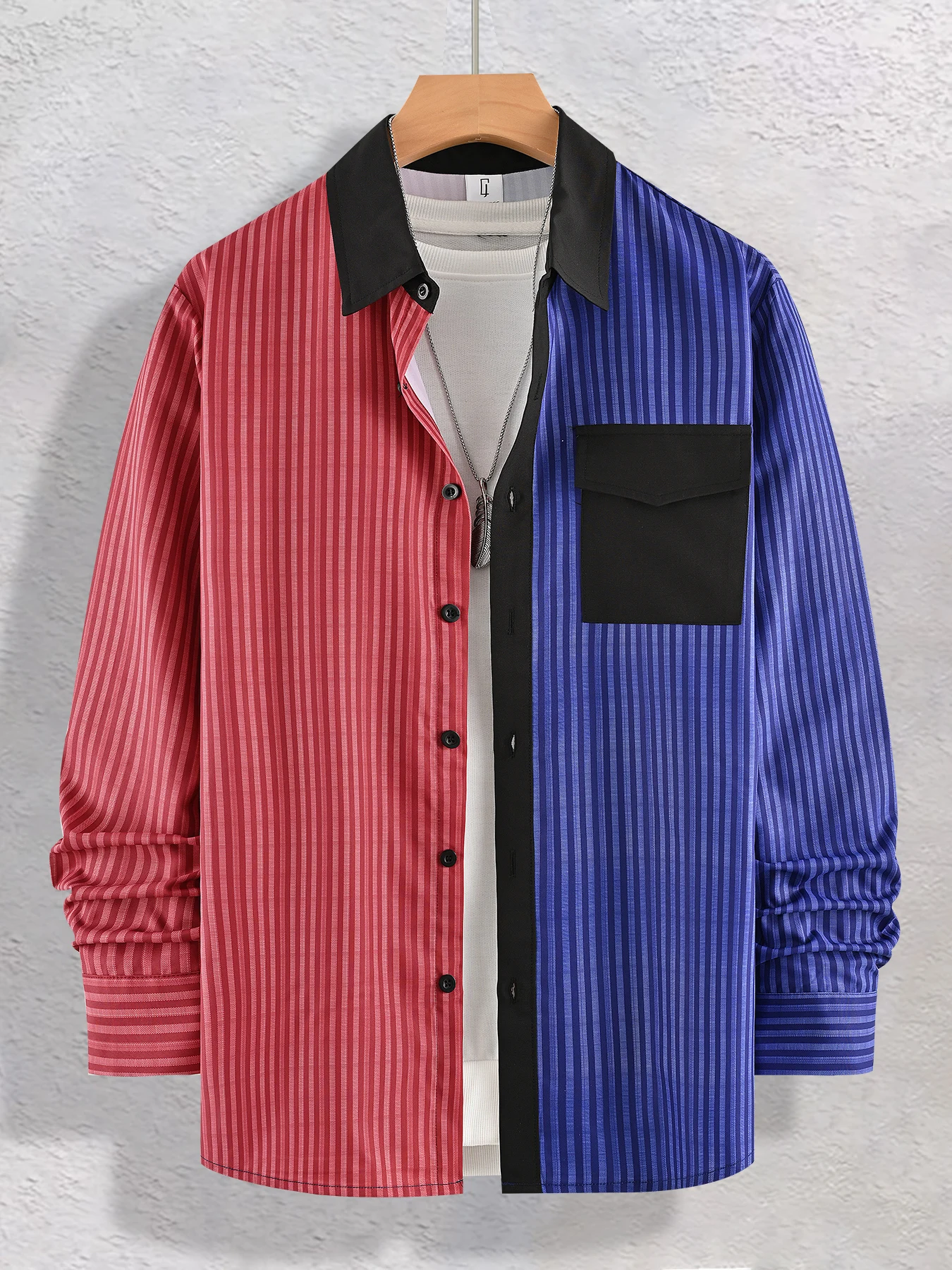 Men's Two-Tone Patchwork Striped Long-Sleeve Shirt with Contrasting Color Lapel and Patch Pockets, Loose Trendy Casual Jacket