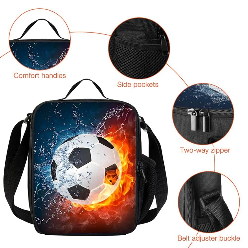 Football Lunch Box Bag Boys Girls,Reusable Cooler Warm Lunch Tote With Bottle Holder, For School Camping Travel Picnic