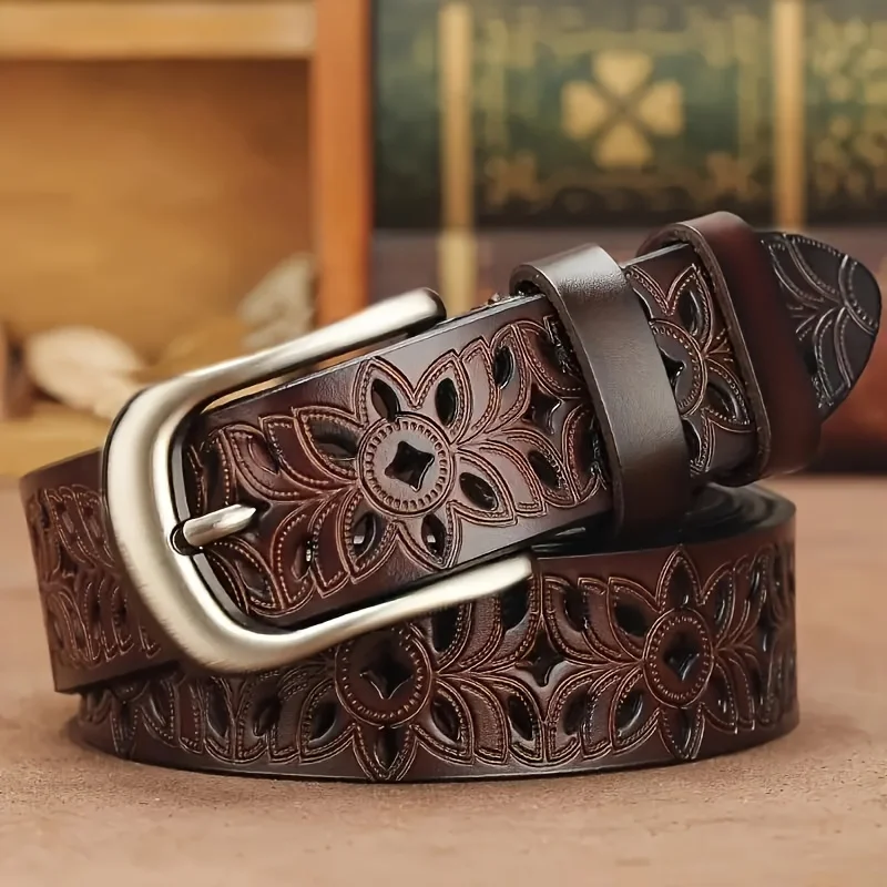 1pc New Women's Belt Fashion Real Buckle Hollow Belt Decoration, Cow Multifunctional Belt Women's Clothing