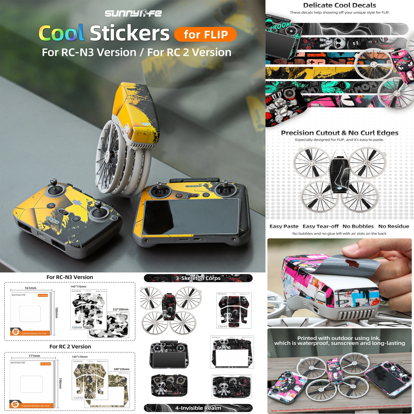 Sunnylife Sticker Kit for DJI Flip RC 2/RC N3 Waterproof Skin Sticker Decal DIY Anti-Scratch Protective Film Drone Accessories