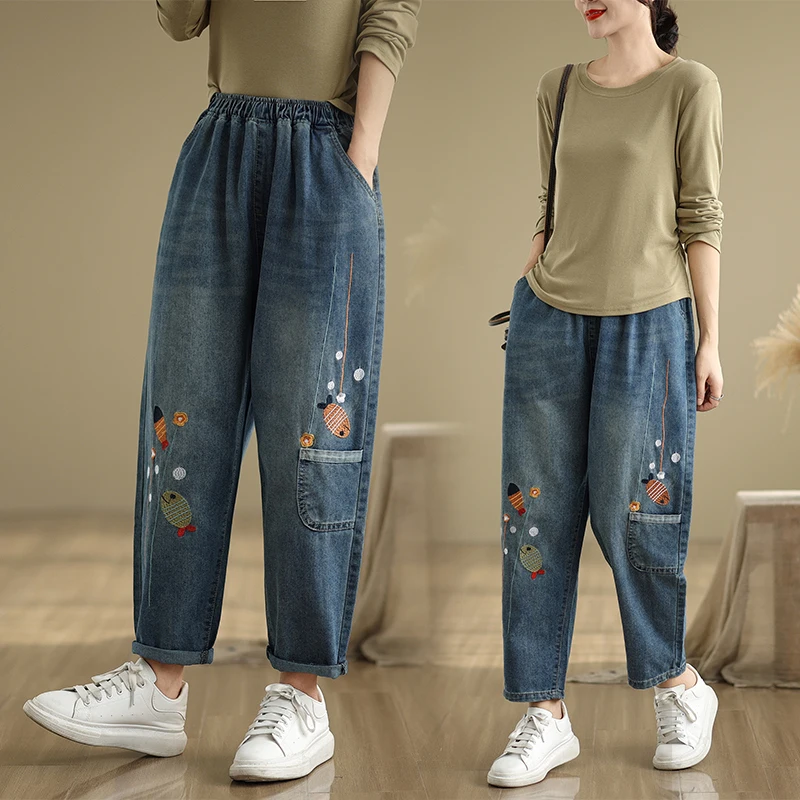 

Loose Casual Embroidered Harajuku Dad Jeans Large Size Spring Autumn Faion Artistic Versatile Long Pants Women's Clothing