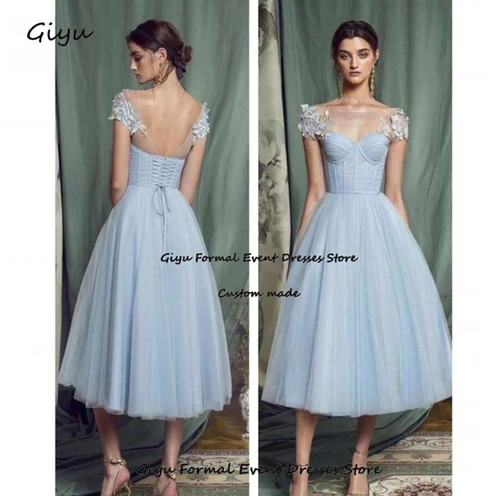 Giyu Fairy A-line Prom Dress Lace Followers Sweetheart Collar Tea-Length Evening Gown Draped Dress Wedding Party Dress