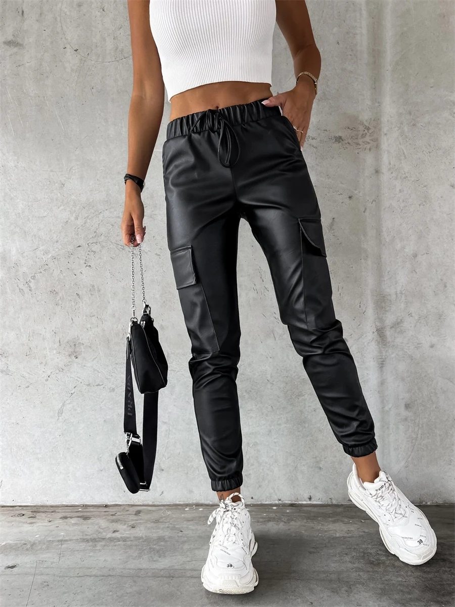 wsevypo PU Leather Casual Pencil Pants Women Autumn Winter Fashion Streetwear High Waist Drawstring Long Trousers with Pocket