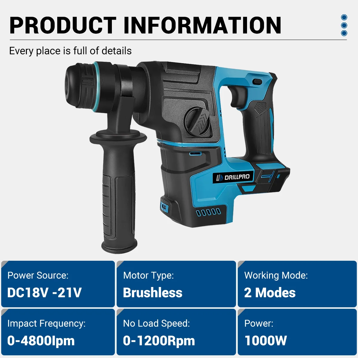 Drillpro 26mm Brushless Cordless Rotary Hammer Impact Drill Handheld Electric Hammer Drill Impact Function for Makita Battery