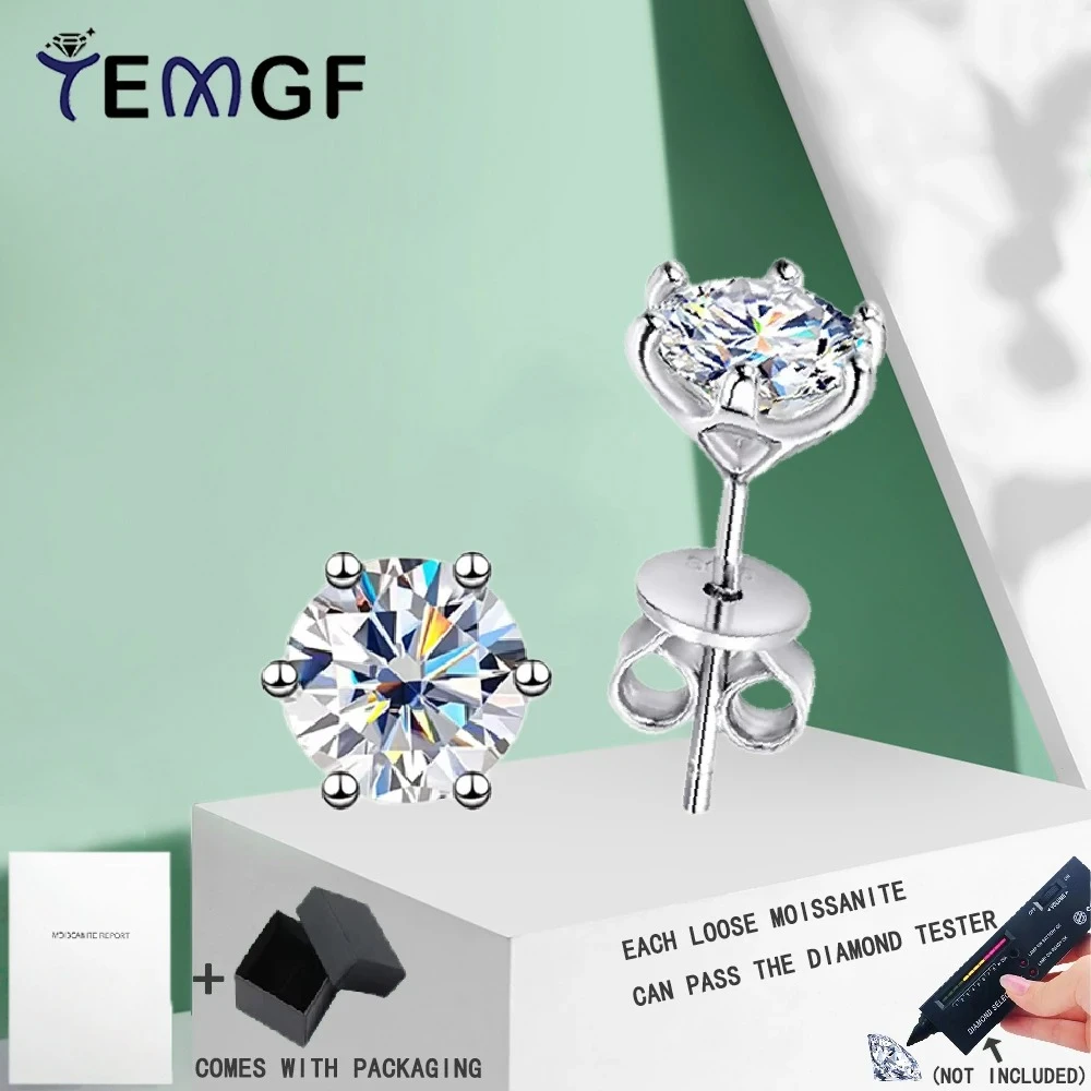 

TEMGF 1 Pair S925 Sterling Silver Studs Earrings 0.2/0.3/0.5/0.8/1/2CT Moissanite Inlay for Women Classic Elegant Fine Jewelry
