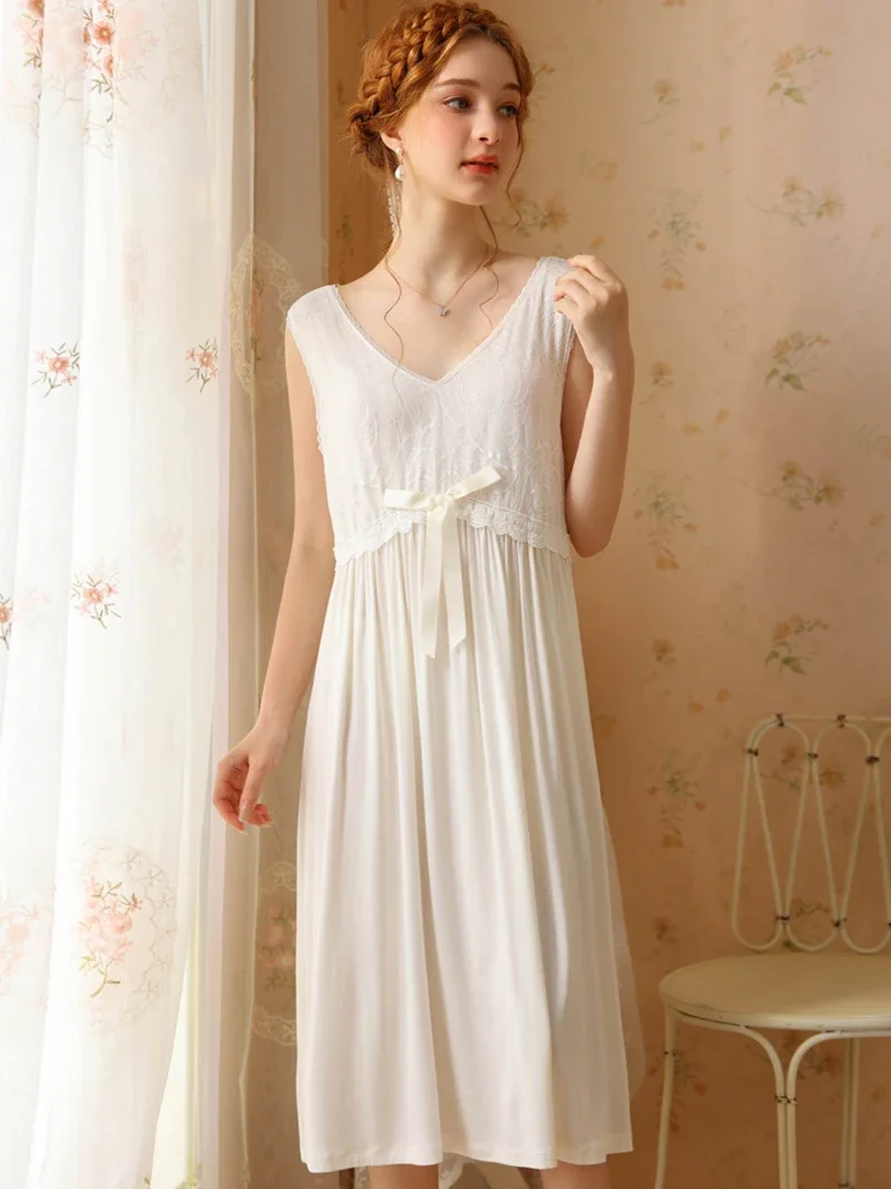 French Vintage Sleeveless Nightgown Sweet Princess Modal Pajamas Nightdress Ladies Summer Fairy Victorian Sleepwear Nightwears