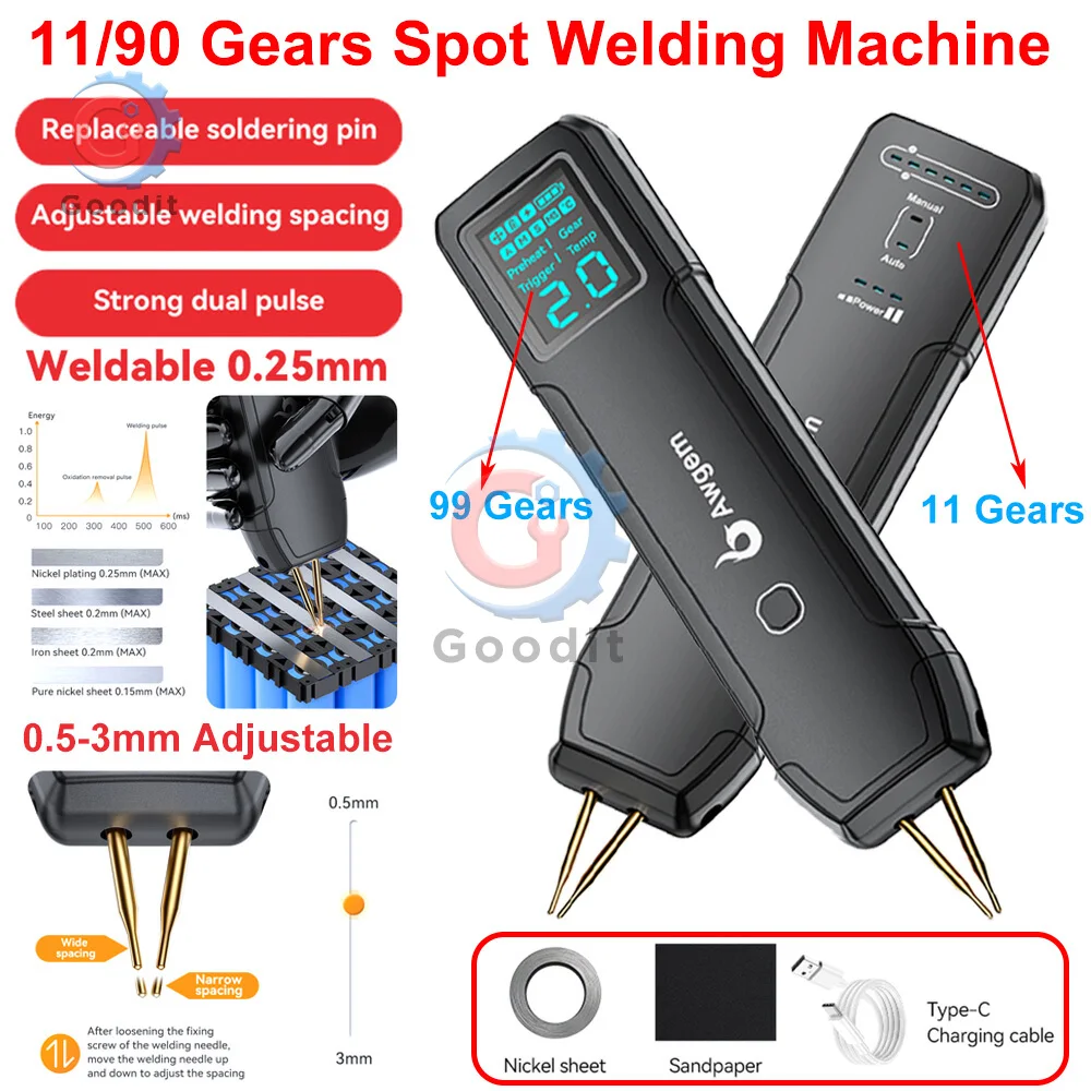 

Portable Battery Spot Welder 11-Gear 90-Gear 4.2V w/ Dual Pulse Type-C for 18650/26650/36650 Power Bank Repair Nickel Strip Kit