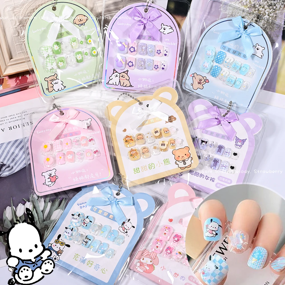 12pcs Kawaii Kuromi Kids Short Square Press On Nails My Melody Pochacco Cartoon False Nails With Tools Children Christmas Gifts