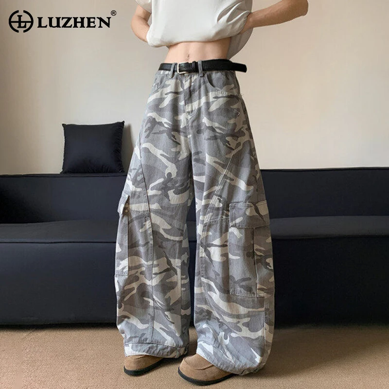 

LUZHEN Vintage Style Camouflage Printed Loose Wide Leg Cargo Pants Men's 2025 New Fashion Many Pockets Casual Trousers JY3102