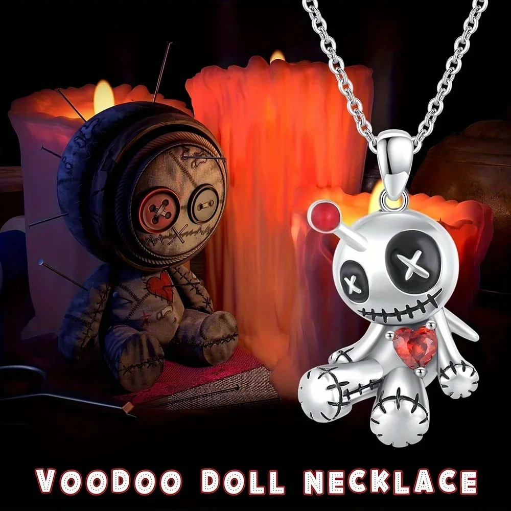 Creative Funny Voodoo Doll Red Heart Pendant Necklace for Women, Trendy Punk Cartoon Girl Holiday Decoration Accessories,