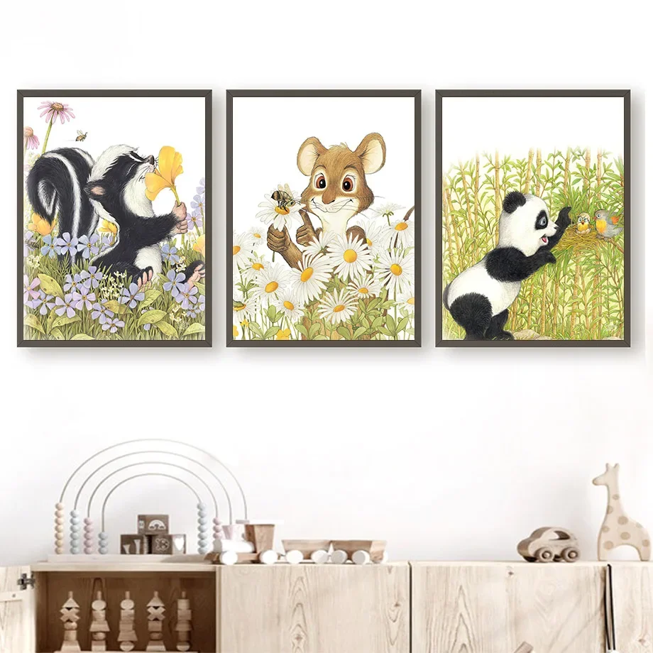 Panda Mouse Hedgehog Flower Jungle Animals Wall Art Canvas Painting Nordic Posters And Prints Wall Pictures Baby Kids Room Decor