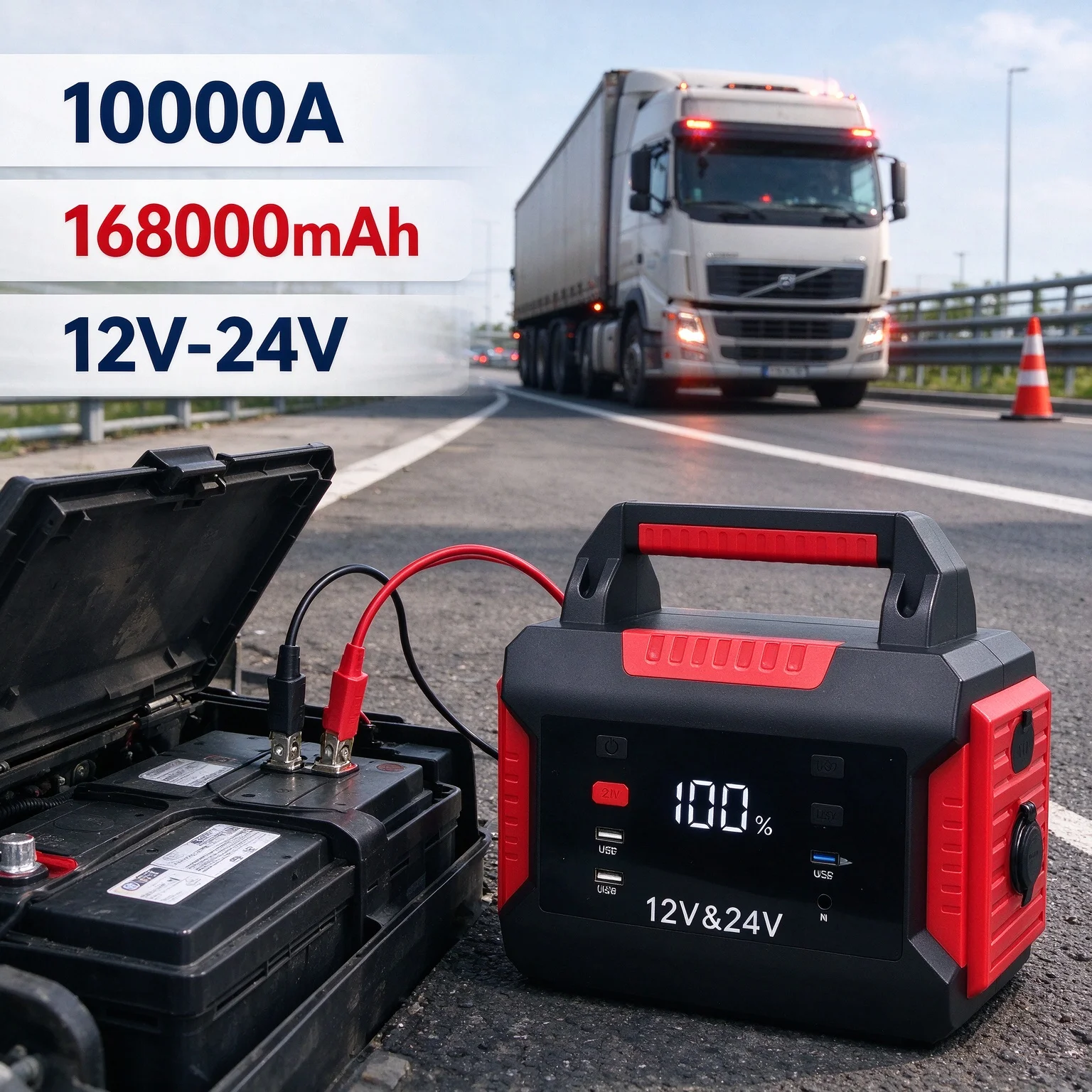 12V/24V Heavy Duty Truck Emergency Jump Starter Portable Power Pack Large Capacity Lorry Emergency Starter LED SOS Warning Light