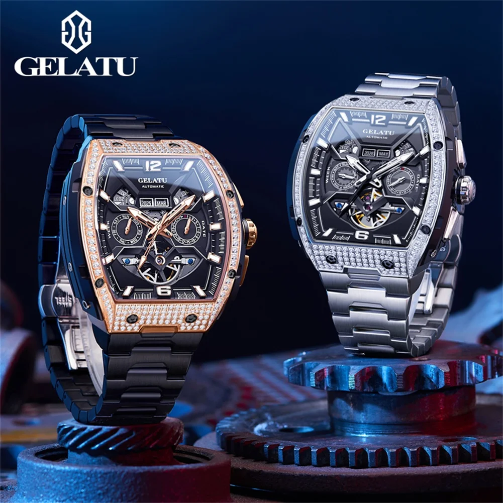 GELATU Brand Luxury Multifunctional Tourbillon Watch for Men Waterproof Luminous Fashion Black Steel Case Mechanical Watches