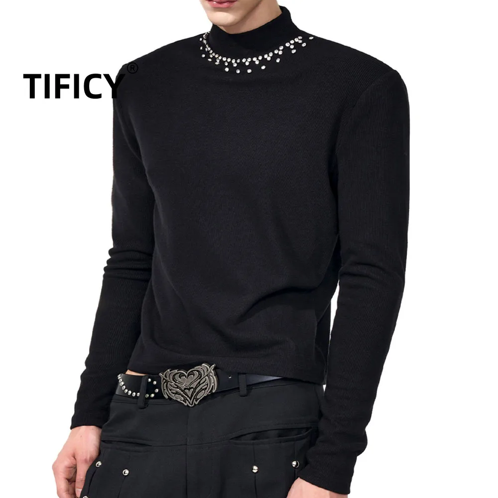 

high street Half High Neck Slim Fit Base Tees T-shirt Men's A Sense Luxury Basic Interior with Long Sleeved T-shirt Tops