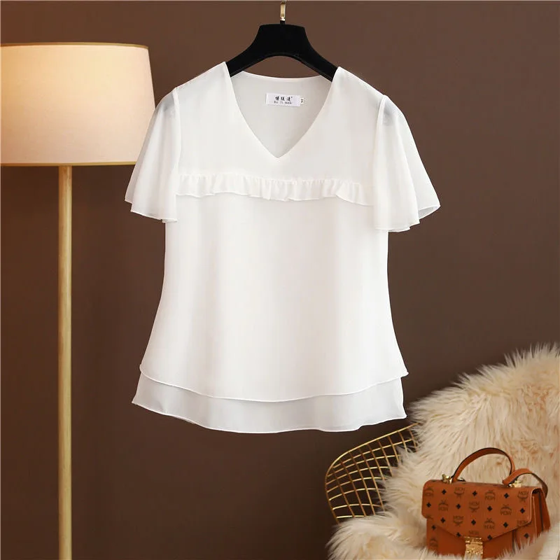 New Arrival Fashion Brand 2024 Summer New Women\'s Chiffon Shirt V-neck Short-sleeved Top Large Size Loose and Thin Women\'s Shirt