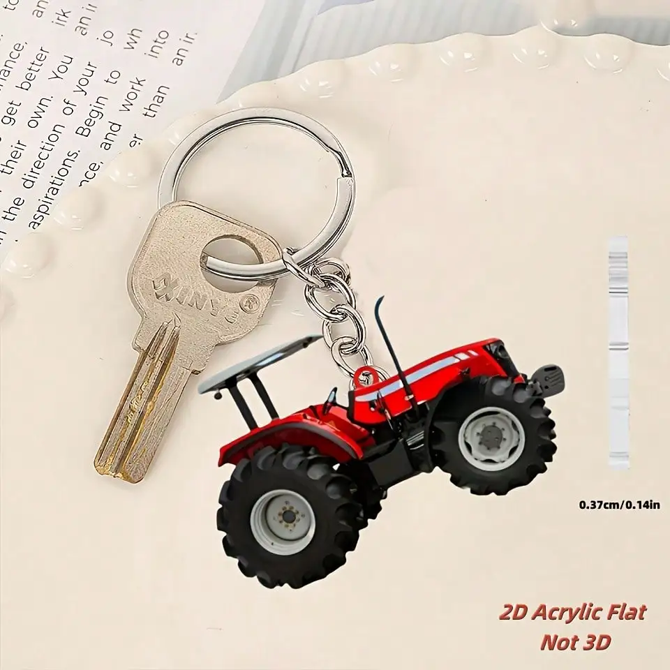 Red Tractor Keychain, 2D Decorative Key Ring, Suitable for Car Keys, Backpack Decoration, Acrylic Material, Birthday Gift.