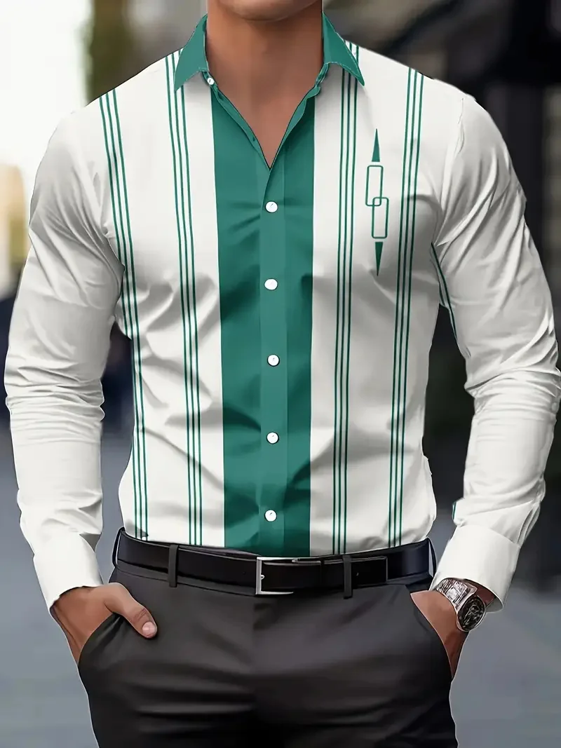 

Новая мужская рубашка с длинным рукавом с 3D полосатым принтом, повседневная однорядная пряжка, пляжные ноты, модный летний топ