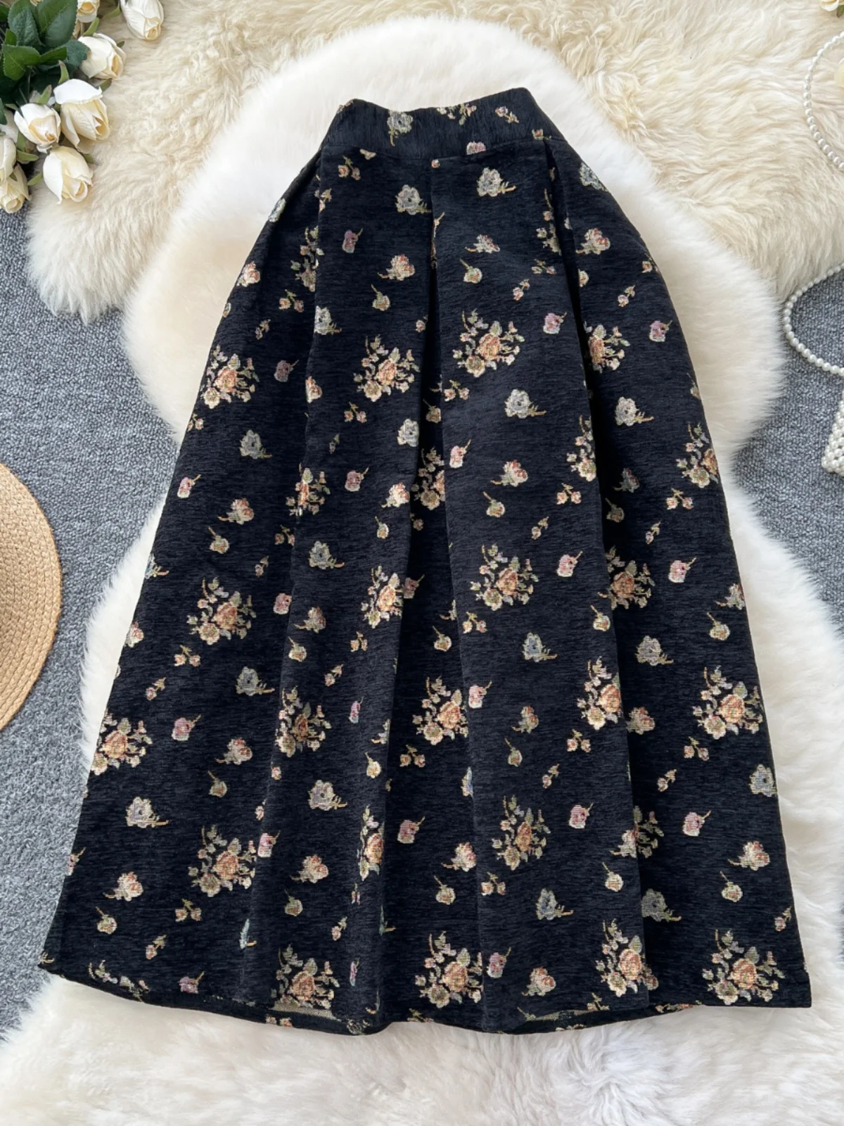 

French Retro Women Fashion Bohemian Black Floral Elegant Party Long Skirt Streetwear Autumn Winter High Waist Pleated Skirt Chic