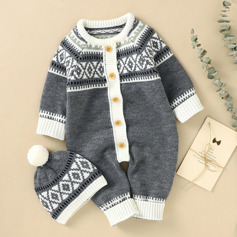 New Christmas Newborn Baby Romper +Hat Knitted Toddler Girls Christmas Kids Clothes One Piece Overall Infant Boy Jumpsuit Outfit