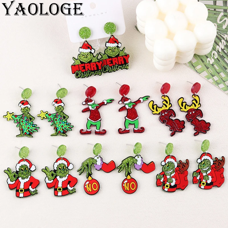 YAOLOGE Exaggerated Funny Christmas Gift Green Animal Frog Elk Christmas Tree Earrings Women Acrylic Eardrop New Year Gift