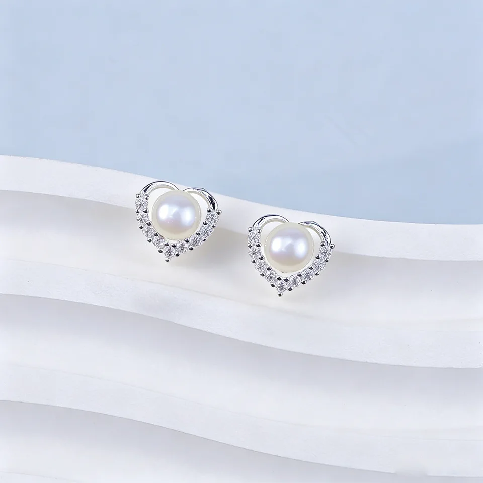 5-6mm Bread Round Freshwater Pearl Stud Earrings for Women Heart Bow Tie Geometric Shape Silver Color Earrings Jewelry Gift