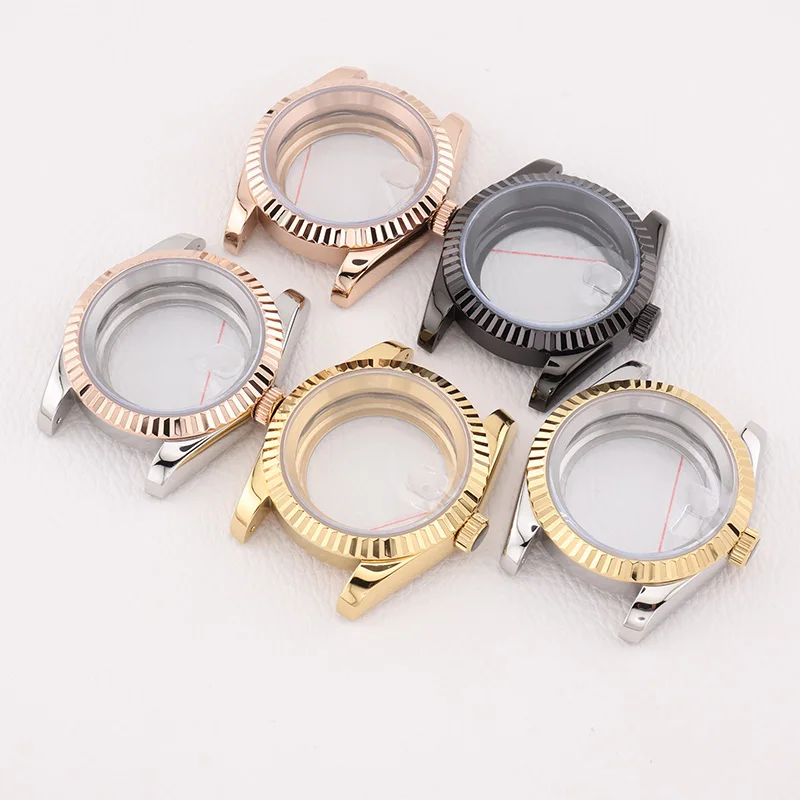 

36 39mm Polished PVD Gold Datejust Style NH35 Watch Case Flat Sapphire Glass with Clear AR for Seiko Mod Replacement Case