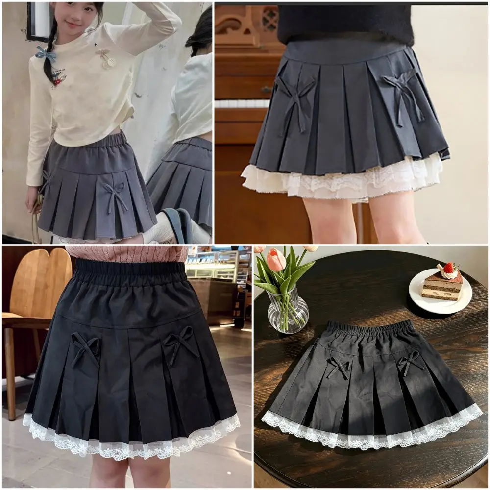 Bowknot Girl Pleated Skirt Pleated Design Lacw Edge Pleated Skirt Clothes Uniform Style Preppy Style Kids Uniform Skirt